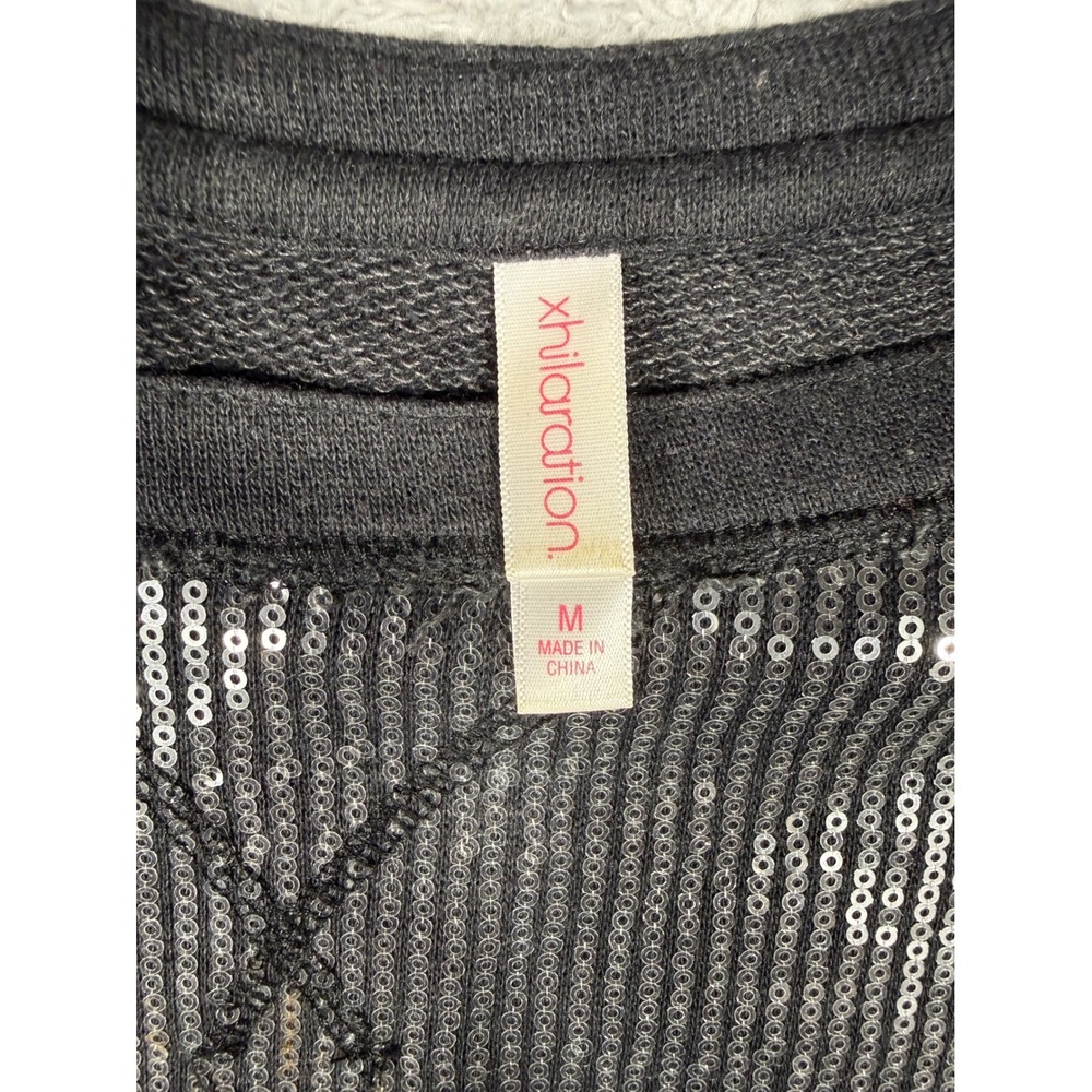 Xhilaration Sequin Front Sweatshirt Women M Black Off Shoulder Pullover - Picture 2 of 10